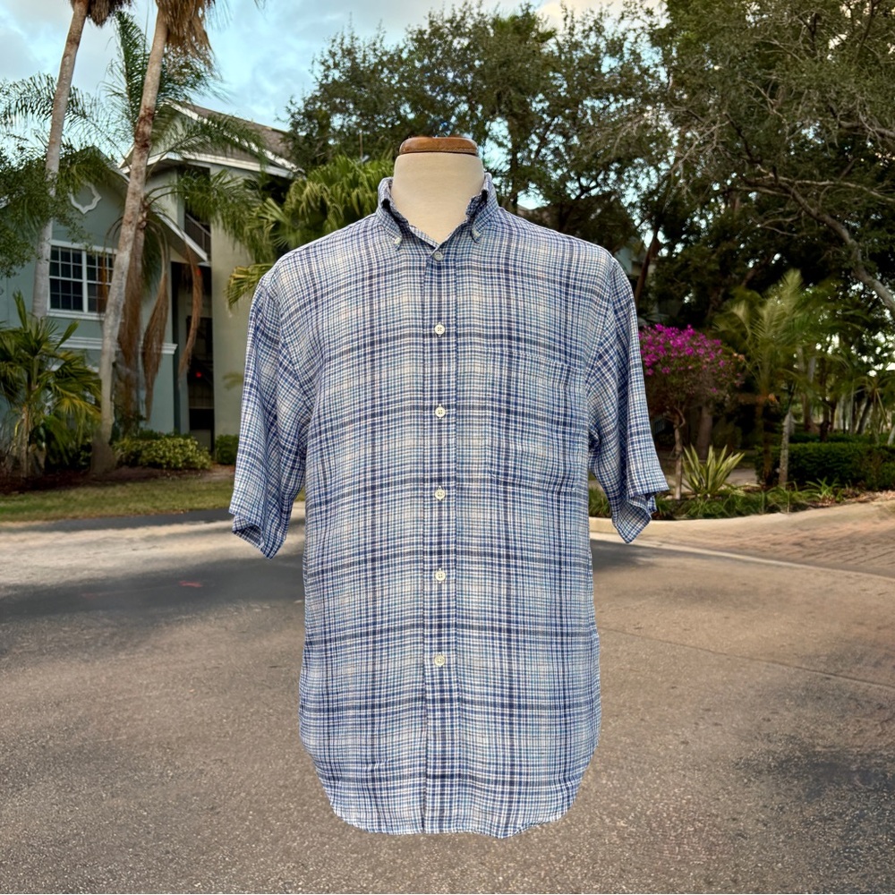 Turnbury Blue Plaid Linen Shirt Size M S/S Classic Preppy Button-Down Pocket Y2K